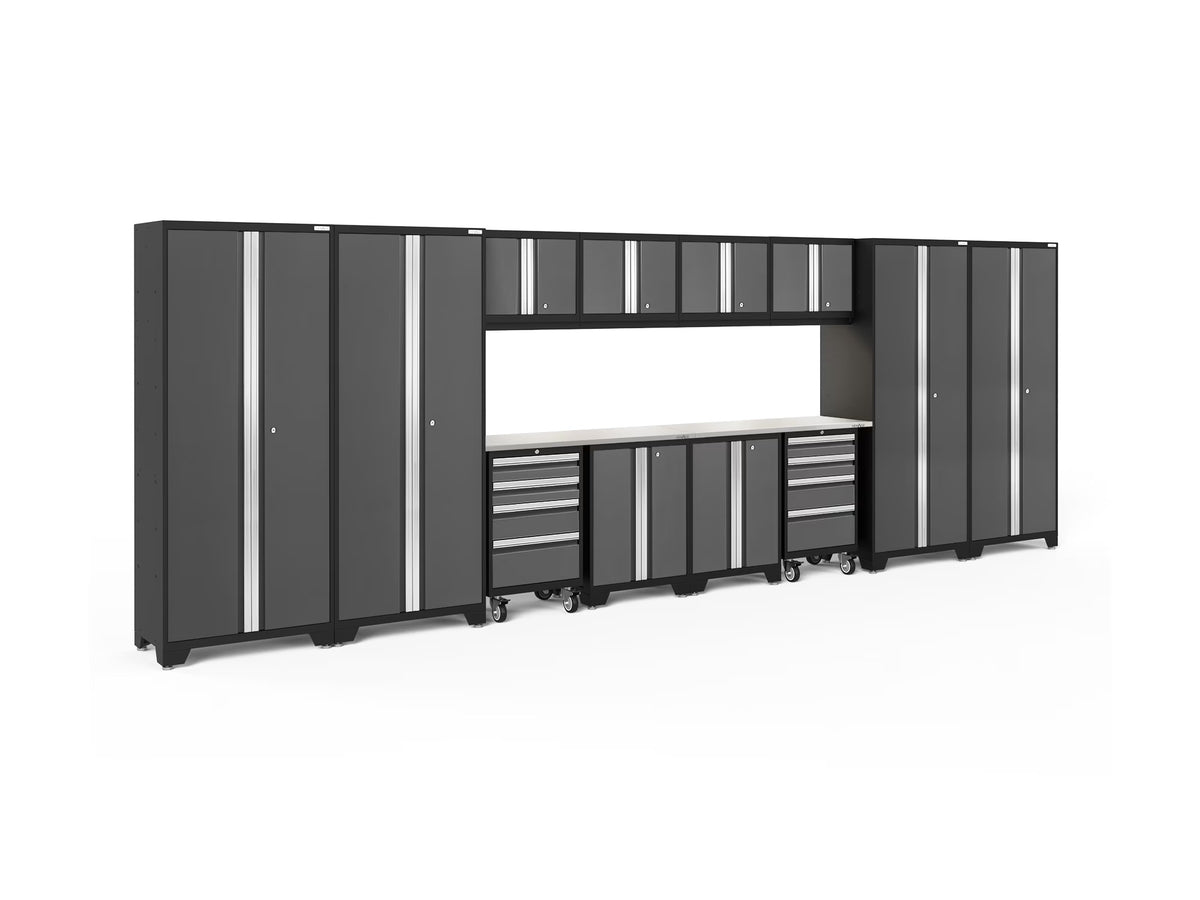 NewAge Products Bold Series Gray 14 Piece Cabinet Set, Heavy Duty 24-Gauge Steel Garage Storage System, LED Lights Included