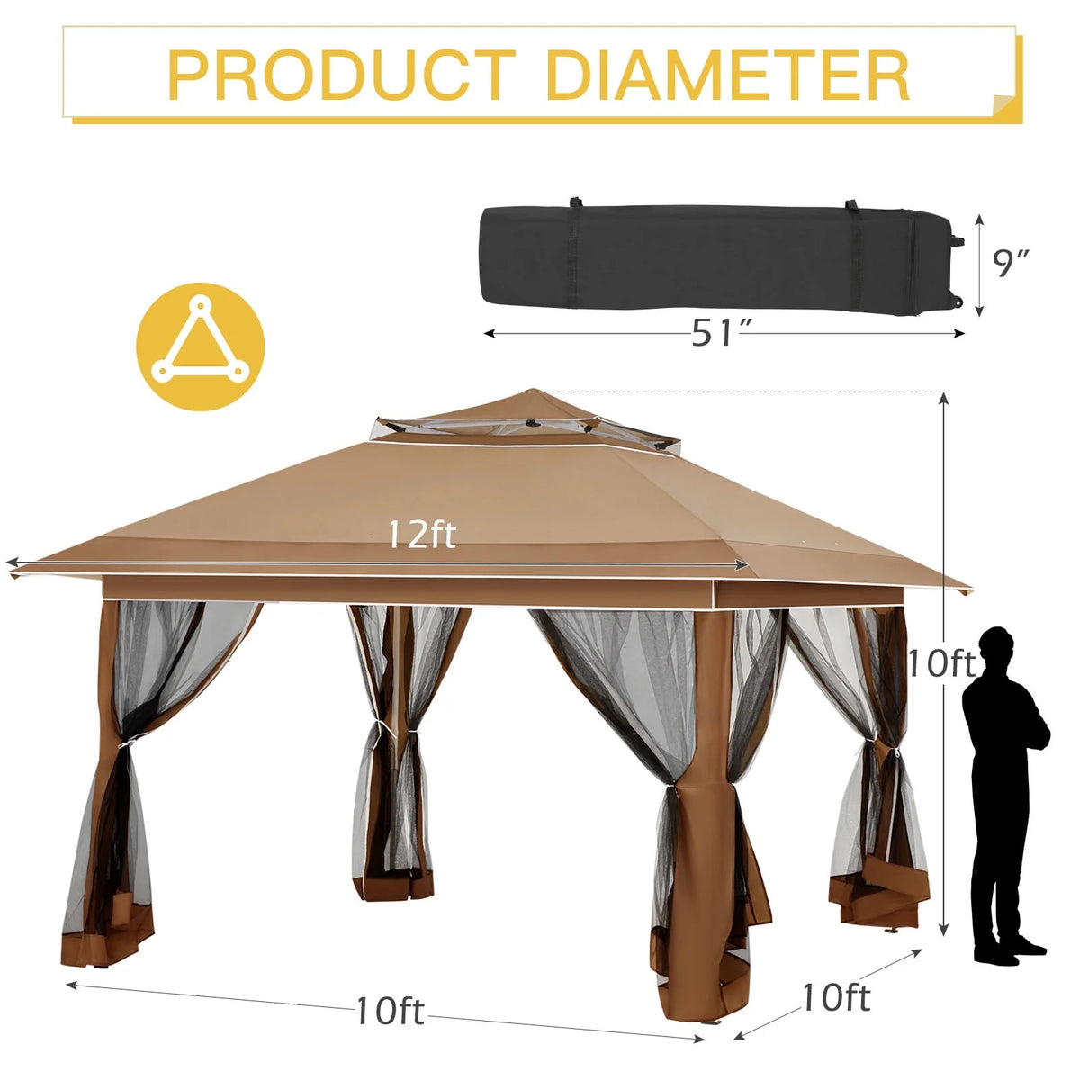AVAWING 12x12 ft Outdoor Pop-up Canopy Party Tent Easy Setup Patio Wedding Tent, Khaki