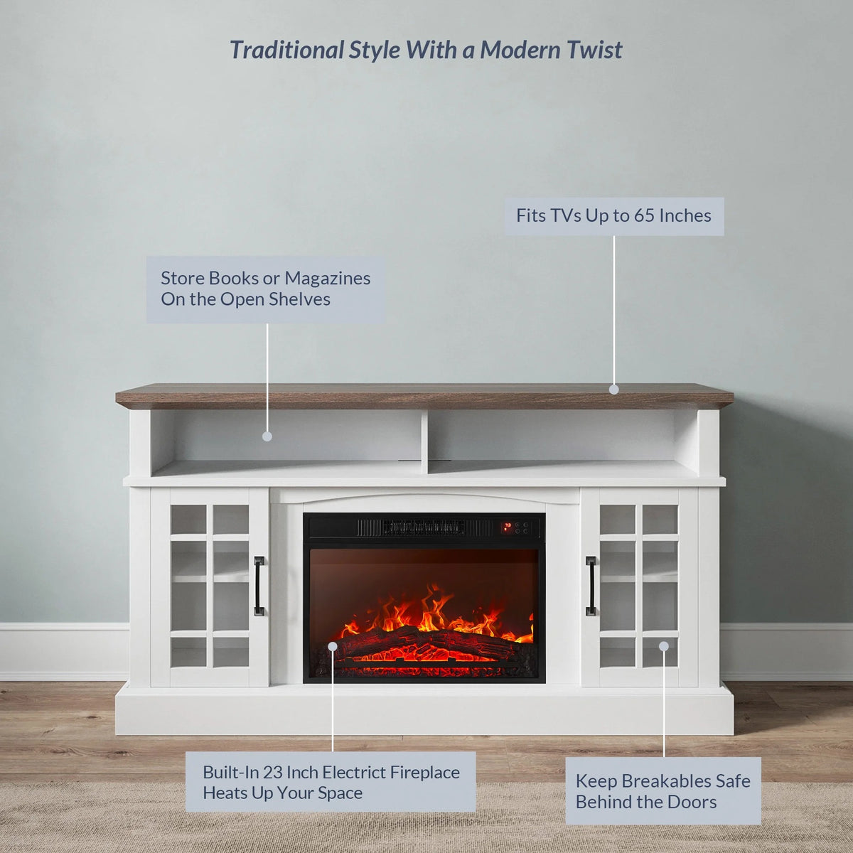 BELLEZE 58" TV Stand with 23" Electric Fireplace, Fireplace TV Console for TVs up to 65", Home Entertainment Center with Storage Cabinet and Adjustable Shelves - Astorga (Gray Wash)