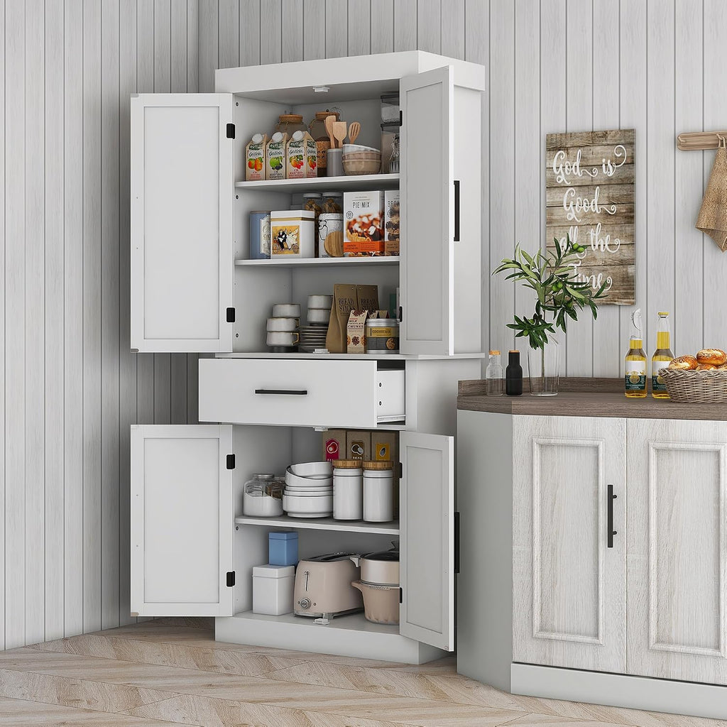 72" Tall Kitchen Pantry Cabinet Adjustable Shelves Barn Doors White