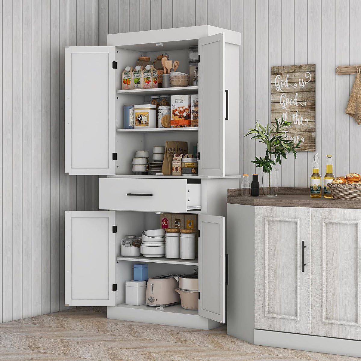 72" Tall Kitchen Pantry Cabinet Adjustable Shelves Barn Doors White