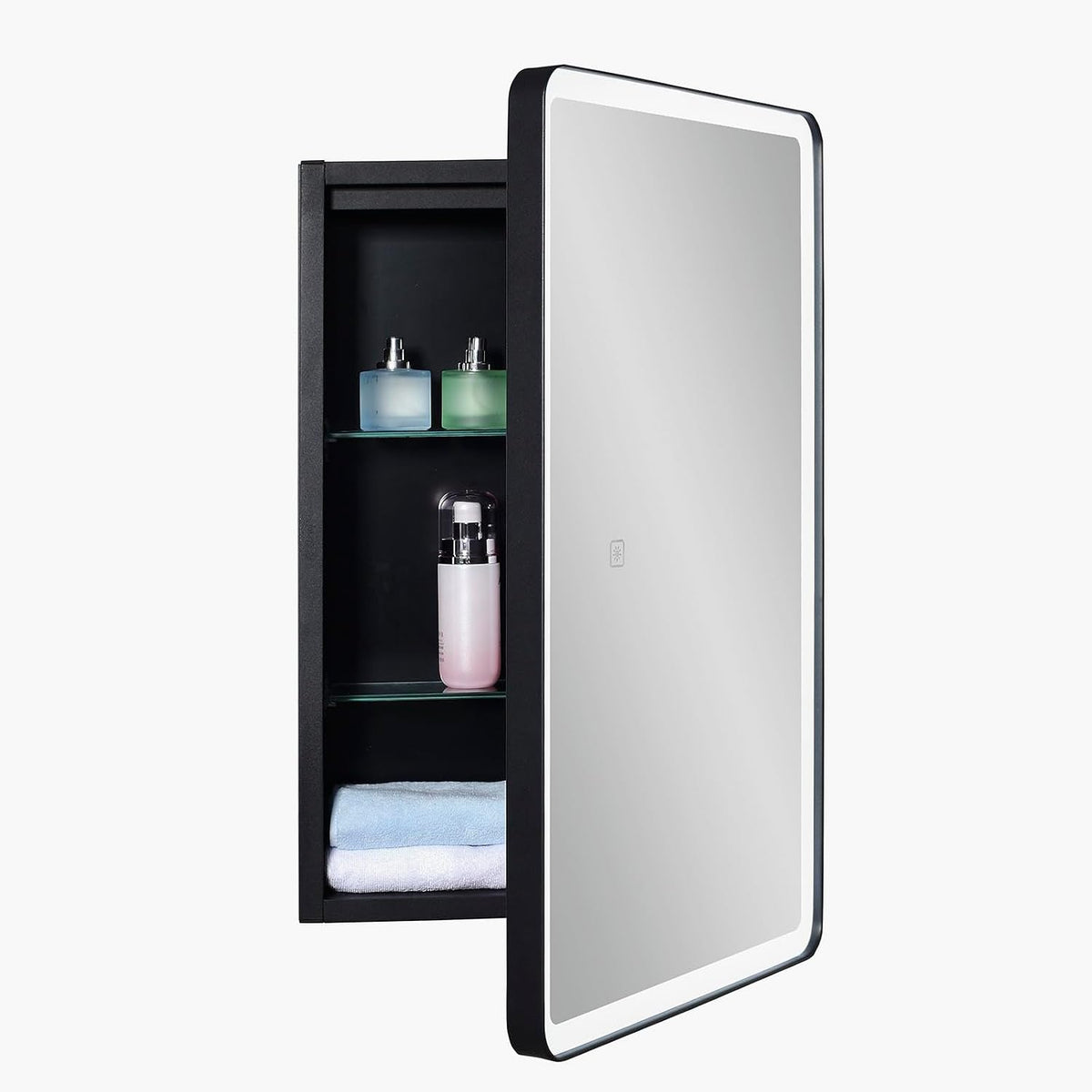 LED Bathroom Medicine Cabinet with Round Corner Framed Mirror Door 22 x 20 inch, Recessed or Surface Mount, with Adjustable Glass Shelves Shelves