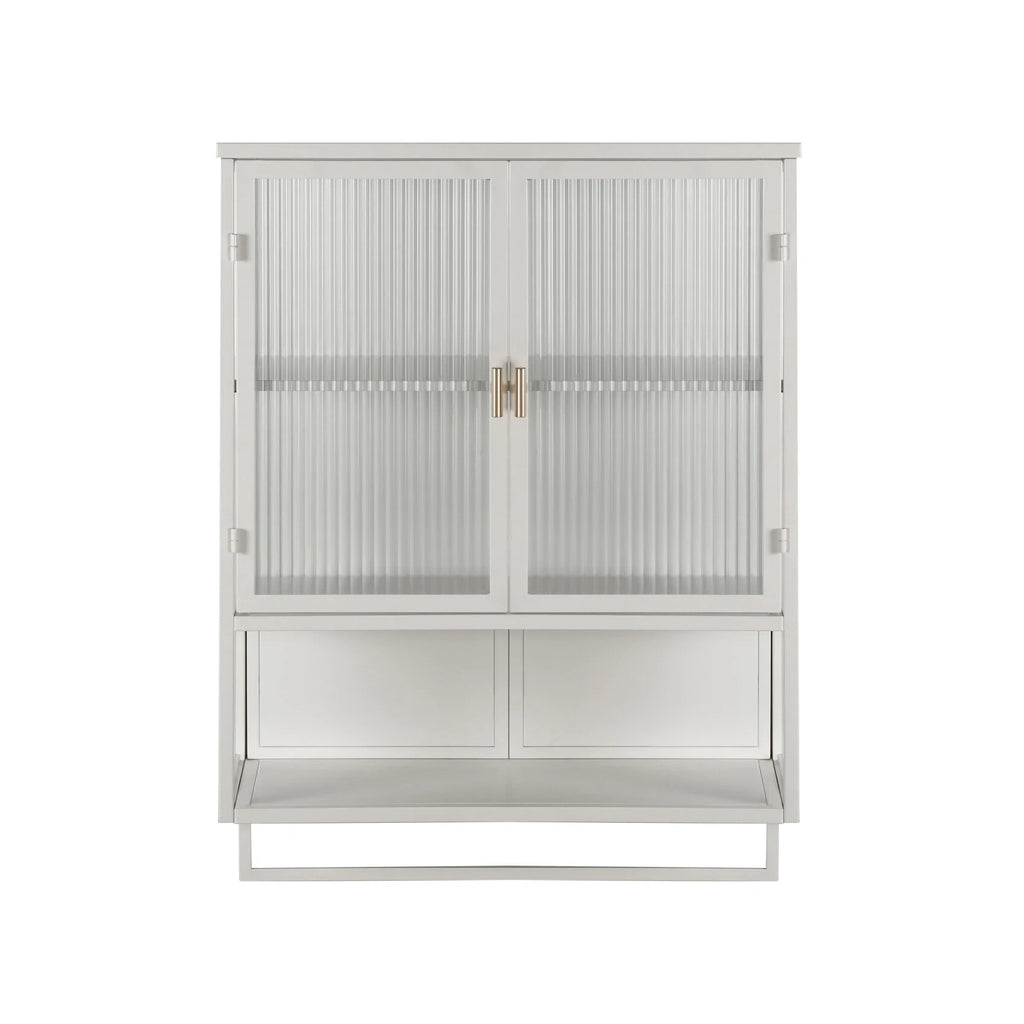 Two-door Wall Cabinet, Modern Kitchen Wall Mounted Cabinet with 2 Glass Doors, Two-tier Enclosed Storage, an Open Shelf, Towel Rack, Metal Wall Cabinet for Entryway, Living Room, Bathroom,  White