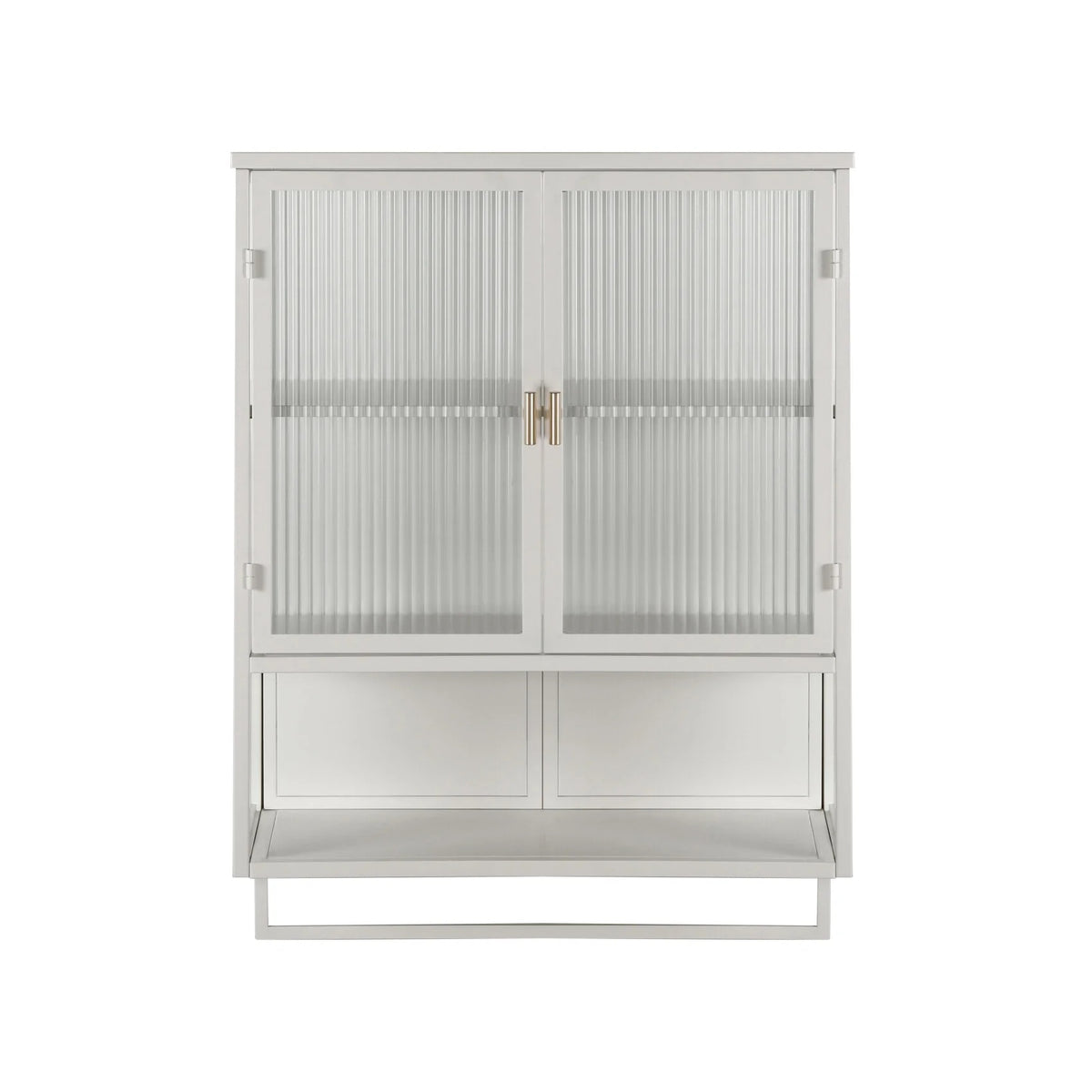 Two-door Wall Cabinet, Modern Kitchen Wall Mounted Cabinet with 2 Glass Doors, Two-tier Enclosed Storage, an Open Shelf, Towel Rack, Metal Wall Cabinet for Entryway, Living Room, Bathroom,  White
