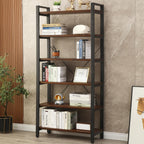 5-Tier Bookcase, Rustic Vintage Industrial Etagere Bookshelf, Solid Wood & Metal Freestanding Bookcase, Retro Brown