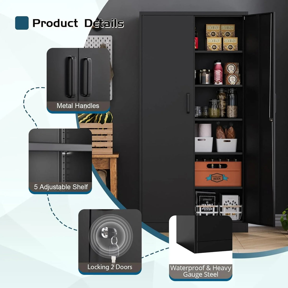 MIIIKO Metal Storage Cabinet with Locking Doors, Black Garage Lockable Steel Cabinets with 4 Doors and 5 Shelves for Home, Garage, Pantry Workshop Warehouse
