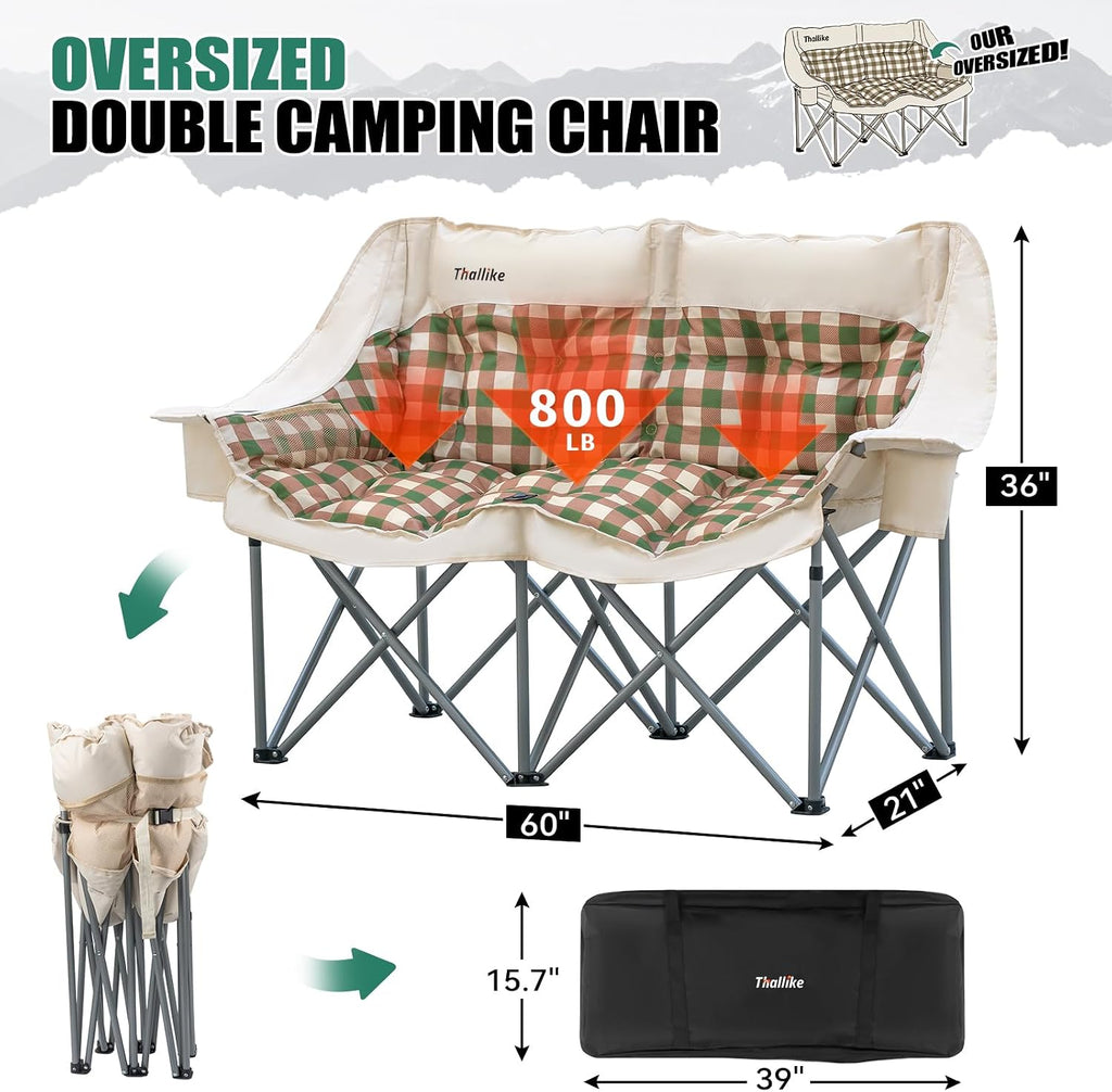 Double Camping Chair, Oversized 2 Person Camp Chairs with Cup Holders Side & Backrest Mesh Pockets Padded Loveseat Camping Chair Foldable for Outdoor Lawn Backyard Beach Support 800LB