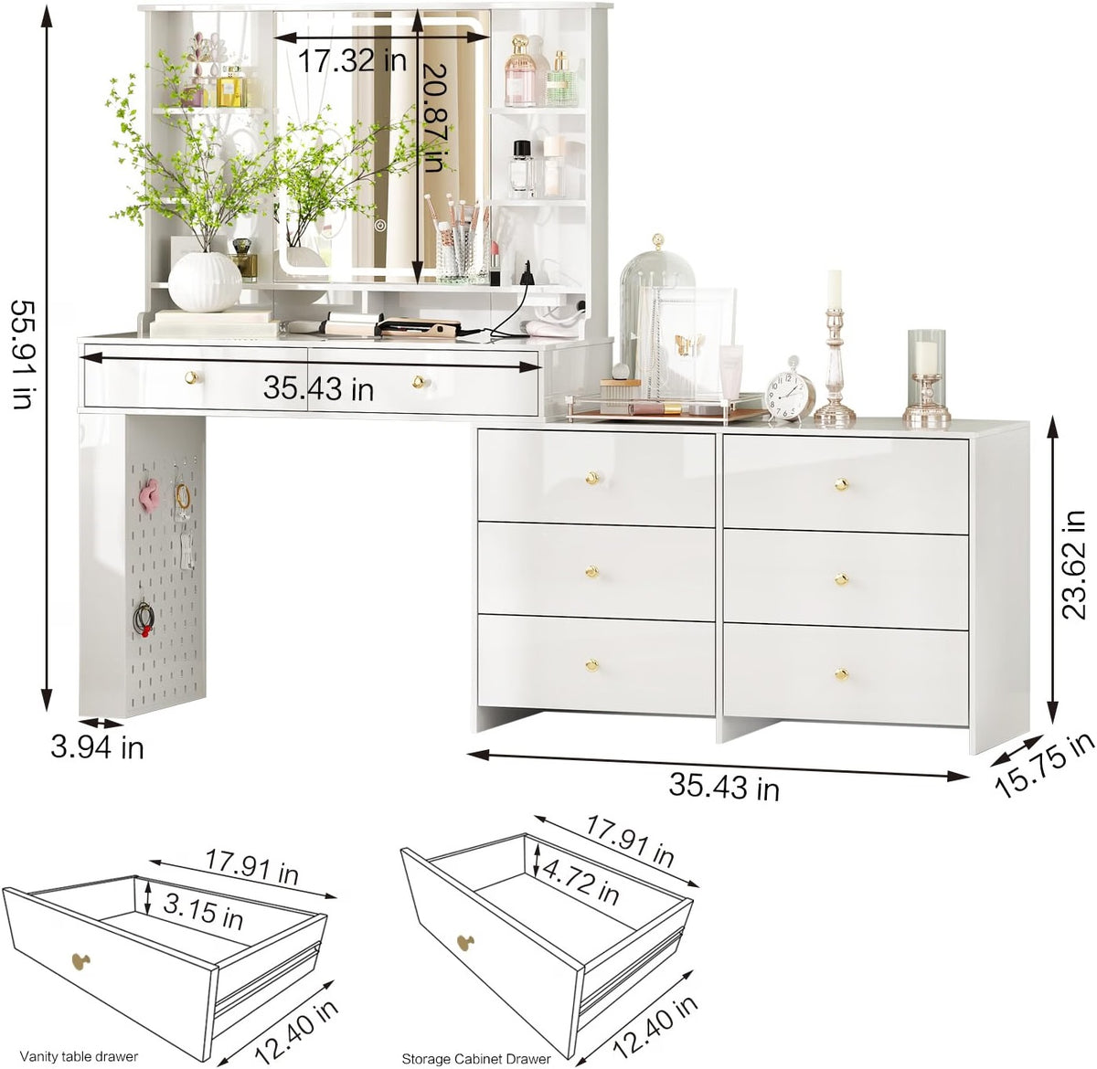 Makeup Vanity Desk with Mirror and Lights, Vanity Desk with 8 Drawers & Storage Shelves, Vanity Table with Power Outlet, 3 Color Modes & Adjustable Brightness Dressing Table, Bedroom, White