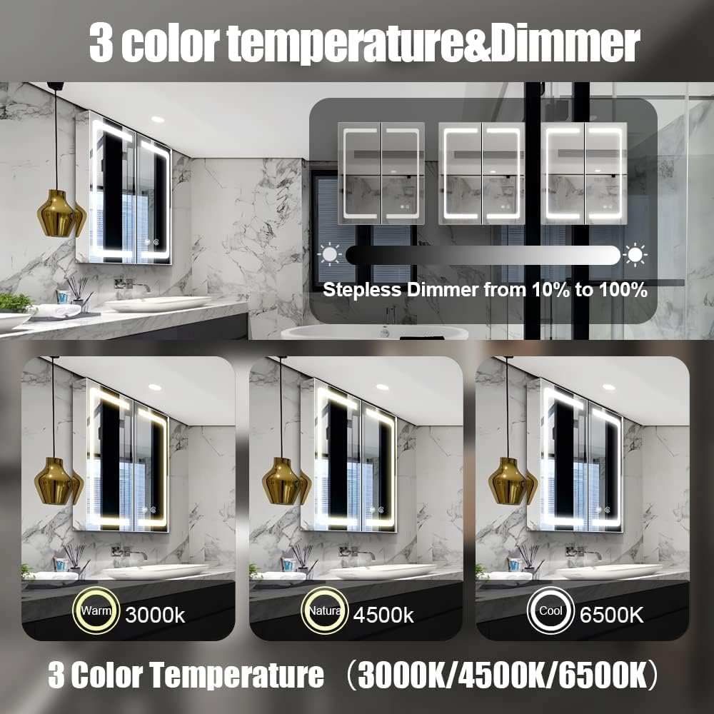 24 Inch x 28 Inch Illuminated LED Mirror Cabinet for Bathroom, Stainless Steel Wall Mounted Medicine Cabinet with Double Touch Switches for Color Change, Dimmer & Anti-Fog Function