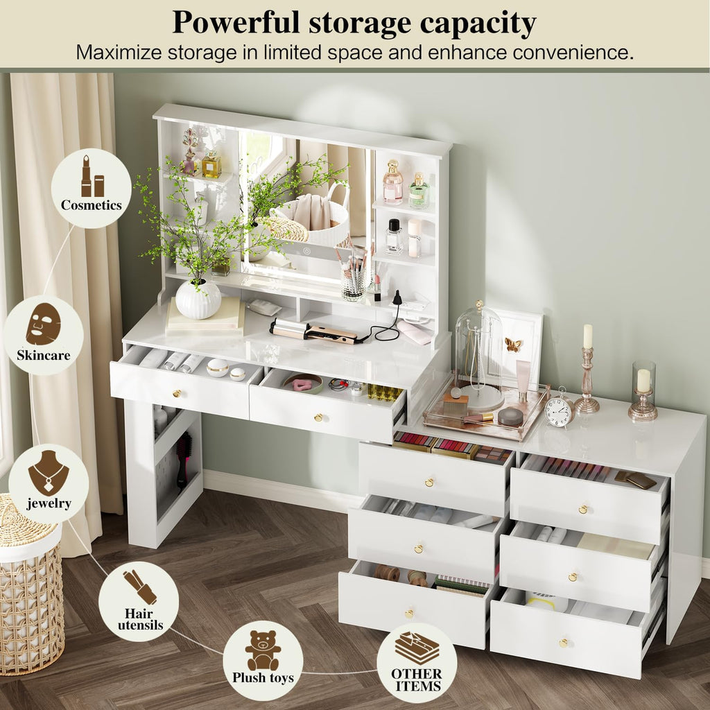 Makeup Vanity Desk with Mirror and Lights, Vanity Desk with 8 Drawers & Storage Shelves, Vanity Table with Power Outlet, 3 Color Modes & Adjustable Brightness Dressing Table, Bedroom, White
