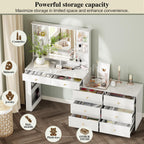Makeup Vanity Desk with Mirror and Lights, Vanity Desk with 8 Drawers & Storage Shelves, Vanity Table with Power Outlet, 3 Color Modes & Adjustable Brightness Dressing Table, Bedroom, White