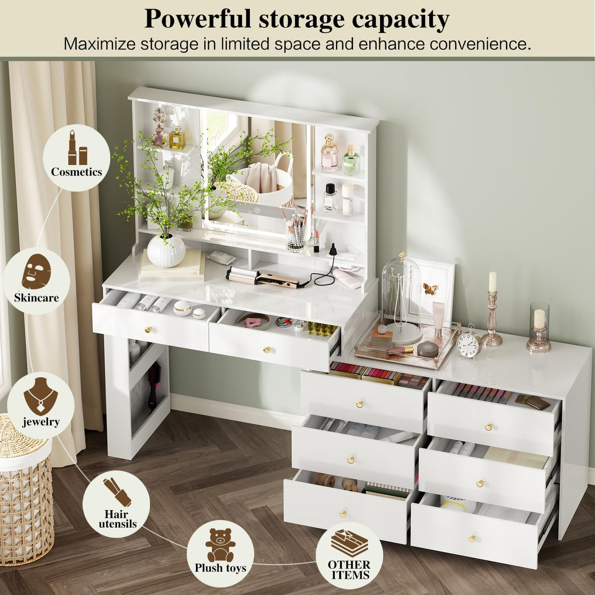 Makeup Vanity Desk with Mirror and Lights, Vanity Desk with 8 Drawers & Storage Shelves, Vanity Table with Power Outlet, 3 Color Modes & Adjustable Brightness Dressing Table, Bedroom, White