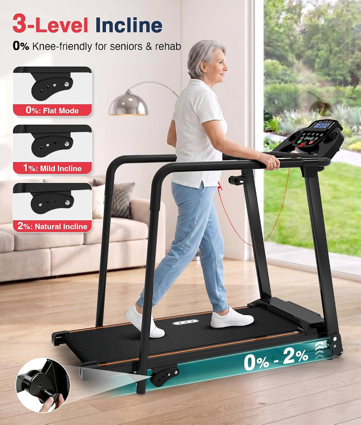Treadmill for Seniors with Long Handrails-0–2% Incline