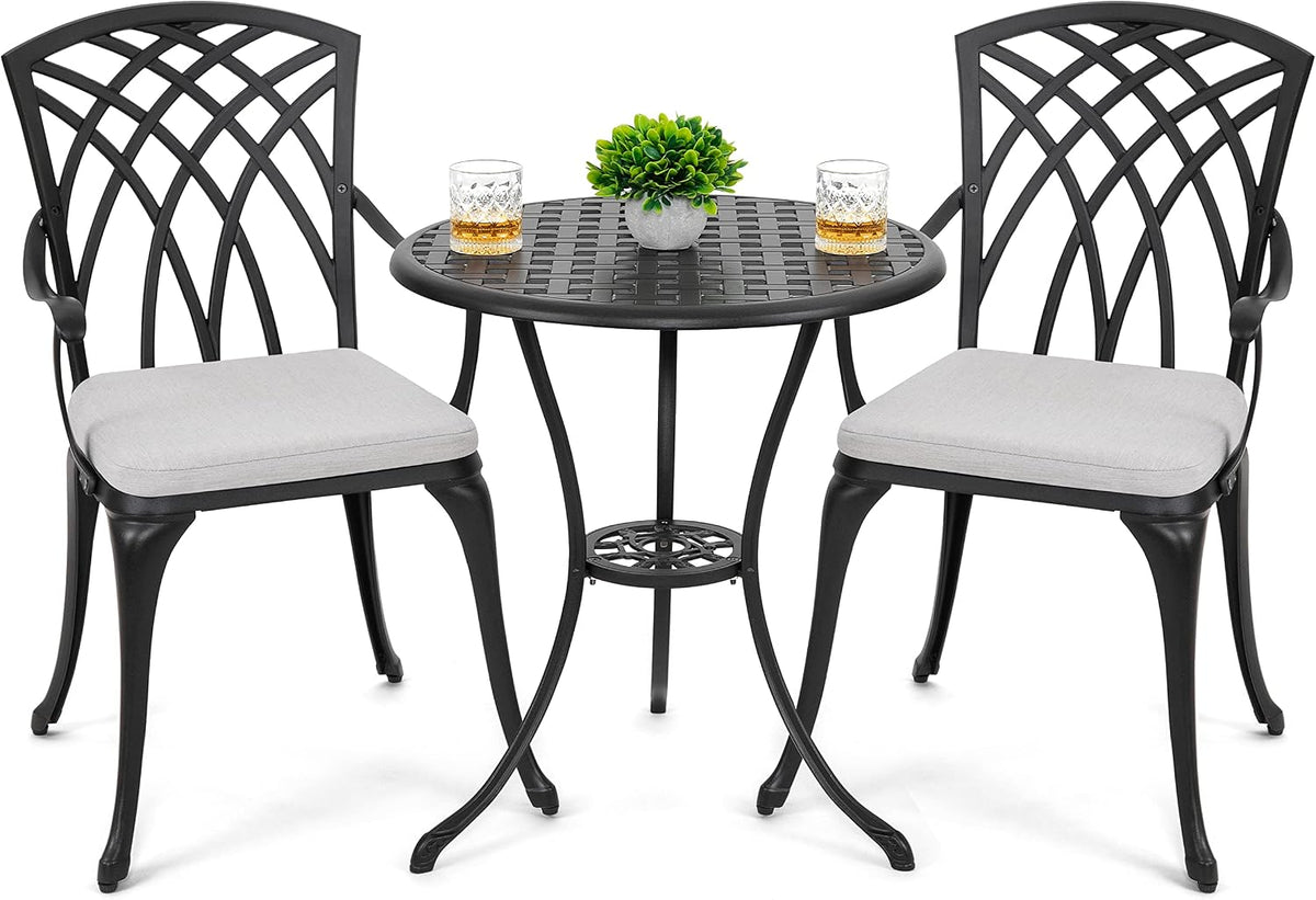 Bistro Set 3 Piece Outdoor Cast Aluminum Patio Bistro Set, Patio Table and Chairs Set of 2 with Umbrella Hole and Gray Cushions, Black