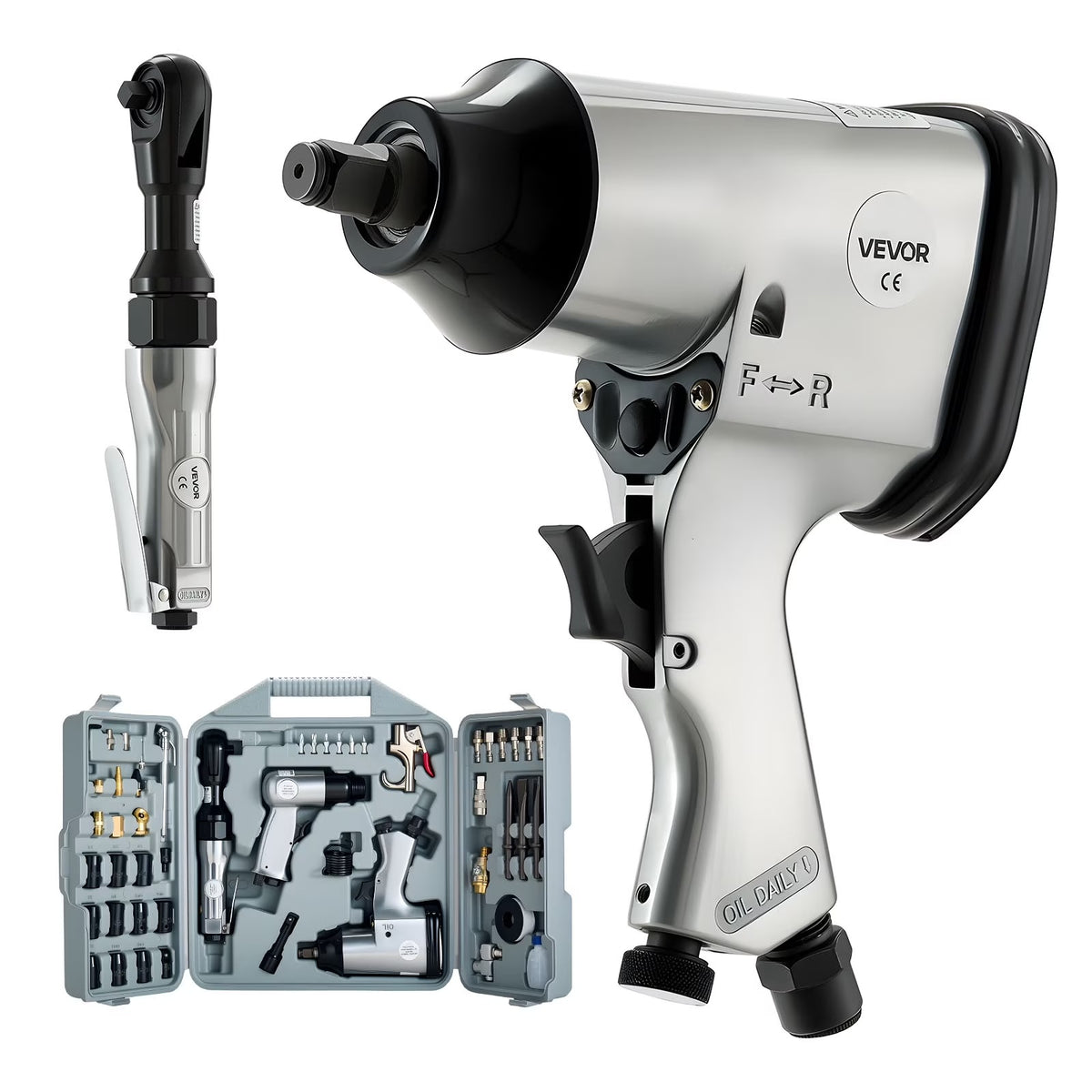 VEVOR 50 Pieces Pro Air Tool and Accessories Kit - 1/2" Air Impact Wrench, 3/8" Ratchet Wrench, 4500BPM Hammer, Blow Gun & Full Accessories for Auto Repairs, Home DIY Projects - with Storage Case