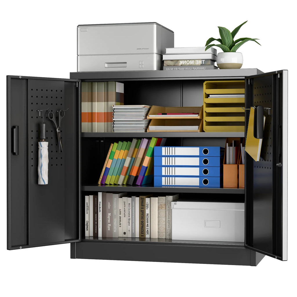 Aobabo Metal Storage Cabinet with Lock & Pegboard,Garage Storage Cabinet with 5 Adjustable Shelves,Tool Storage Cabinets for Home Office Garage,Assembly Required,Black
