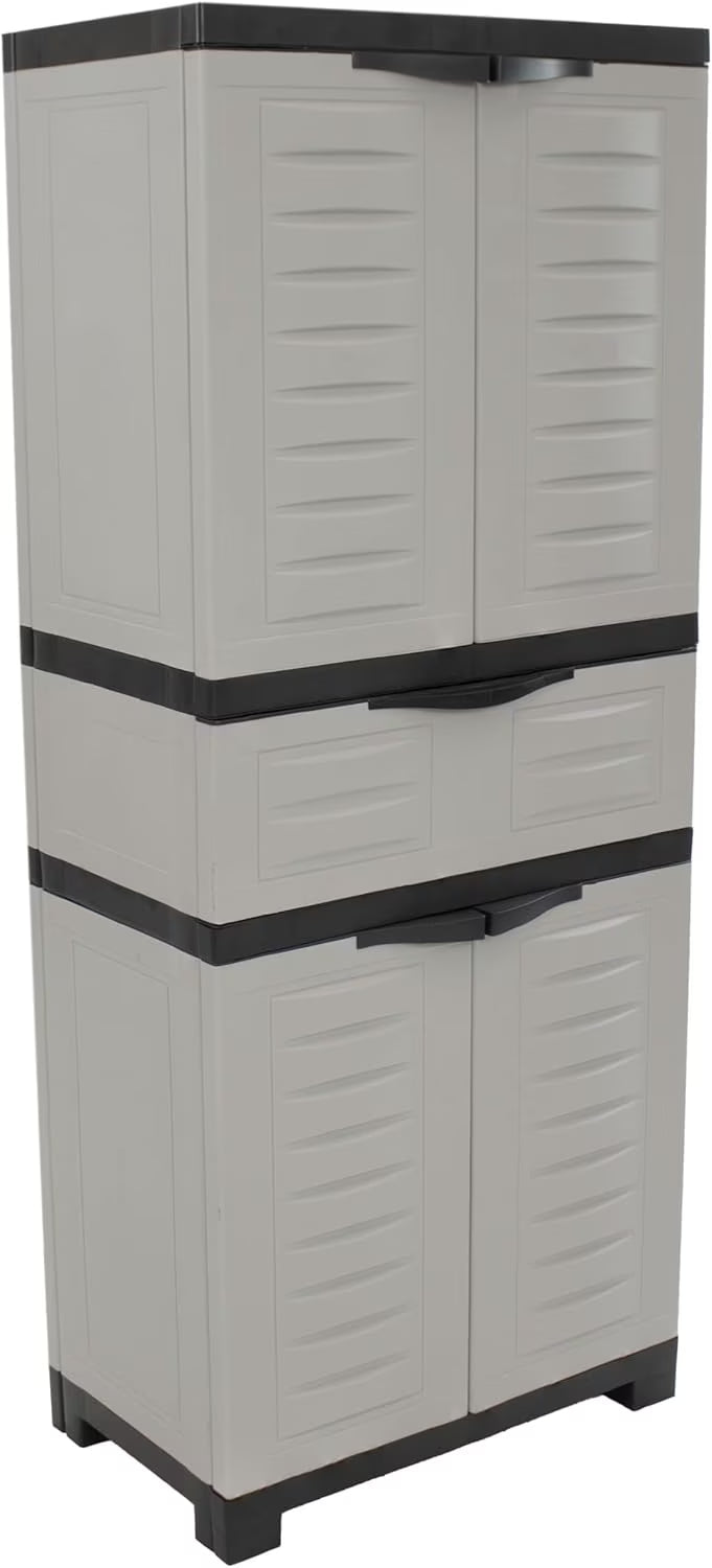 Plastic Garage Storage Cabinet with 2 Adjustable Shelves - 57" H - Garage, Office, Home, Laundry Room - Gray with Charcoal Trim