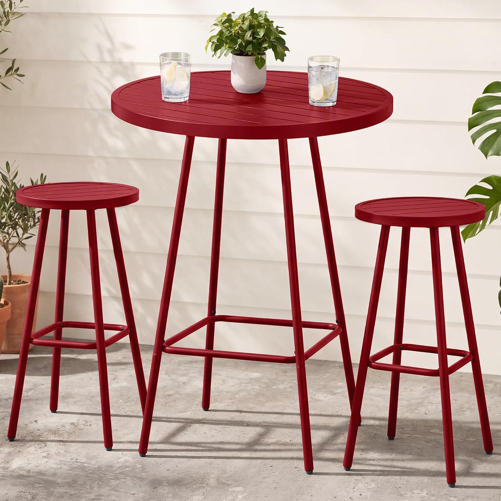 3-Piece Patio Dining Set, Bar Height, Outdoor Bistro Set, Outdoor Round Bar Table w/ 2 Bar Stools, Steel - White