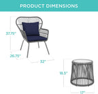 3-Piece Patio Conversation Bistro Set, Outdoor All-Weather Wicker Furniture for Porch, Backyard w/ 2 Wide Ergonomic Chairs, Cushions, Glass Top Side Table - Gray/Navy