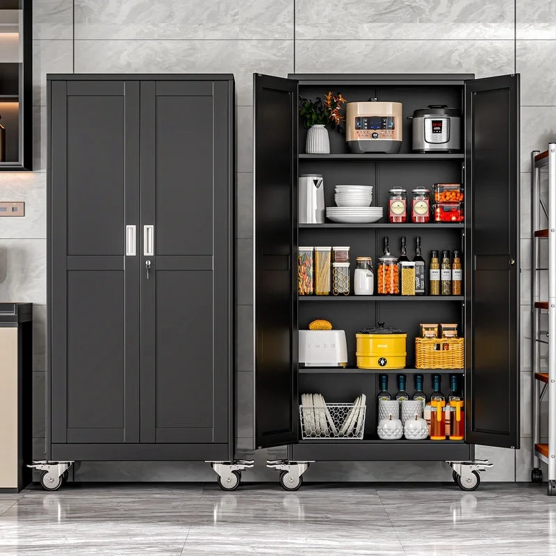 Erosoei 75"H Metal Garage Storage Cabinet with Wheels, Tool Storage Cabinet with 5 Adjustable Shelves