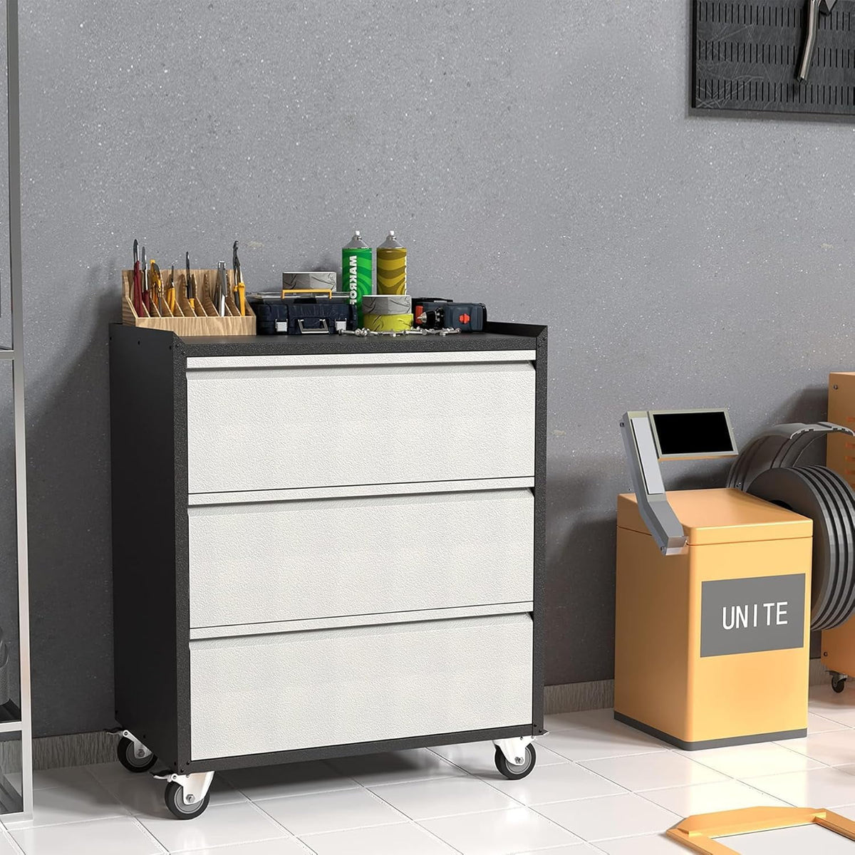 Metal Storage Cabinet with Wheels, Rolling Tool Cabinet, Garage Storage Cabinet with 3 Drawer for Tools