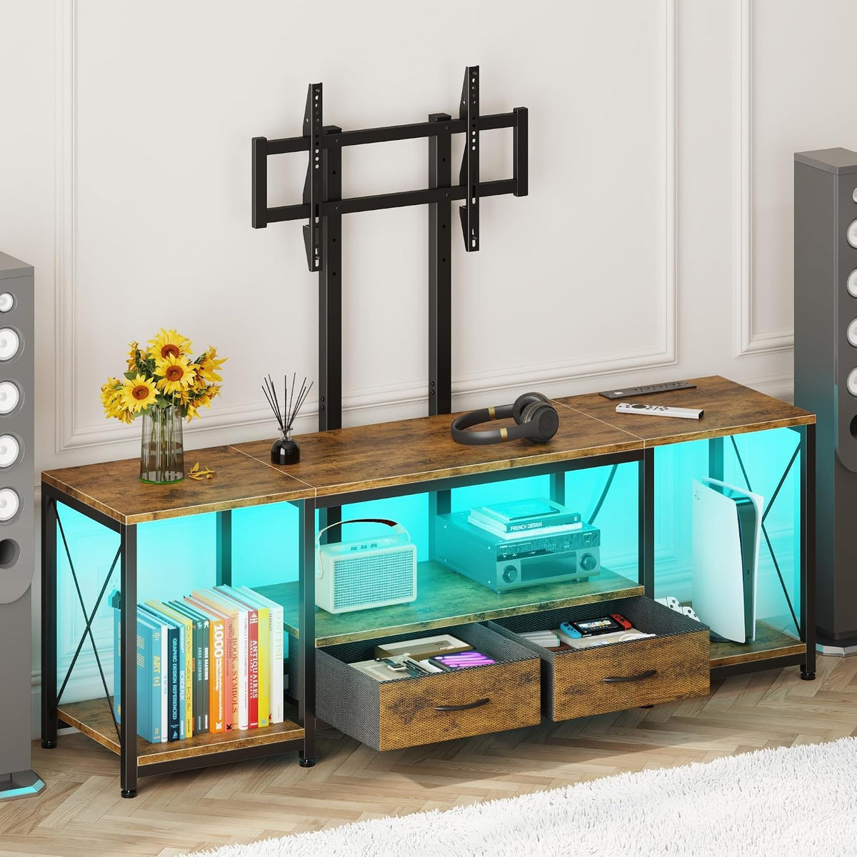 LED TV Stand with Mount and Power Outlet & Fabric Drawers for 32-85 Inches TV - Entertainment Center and Corner TV Stand for Living Room, Bedroom - 47" Rustic Brown (Max VESA 600mm × 400mm)