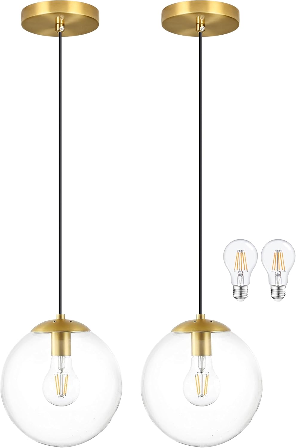 14" Gold Globe Pendant Light, Mid Century Pendant Light, Clear Glass Pendant Lights, Kitchen Island Adjustable Hanging Light Fixture for Dining Room, Bedroom, Kitchen Island