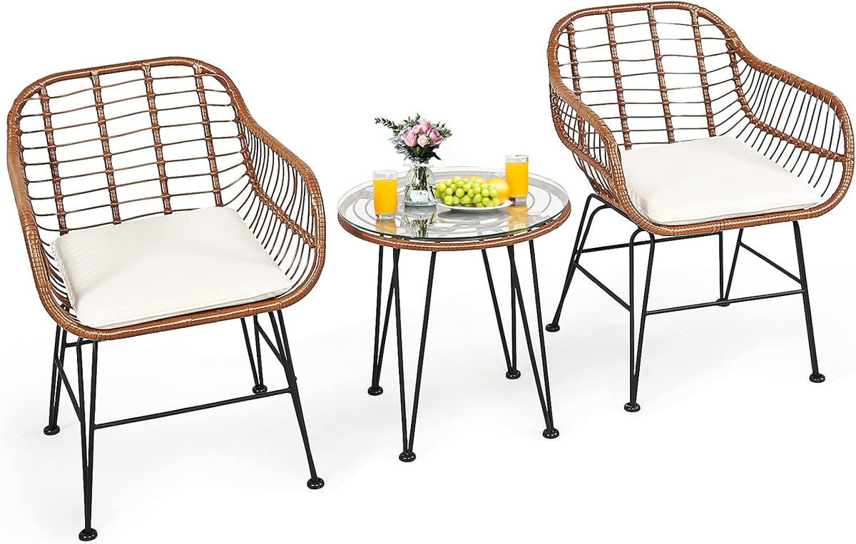 3 Pieces Patio Bistro Set, Rattan Conversation Set with 2 Cushioned Armchairs & Round Glass Coffee Table, Indoor Outdoor Wicker Furniture Set for Balcony, Backyard, Garden, Poolside