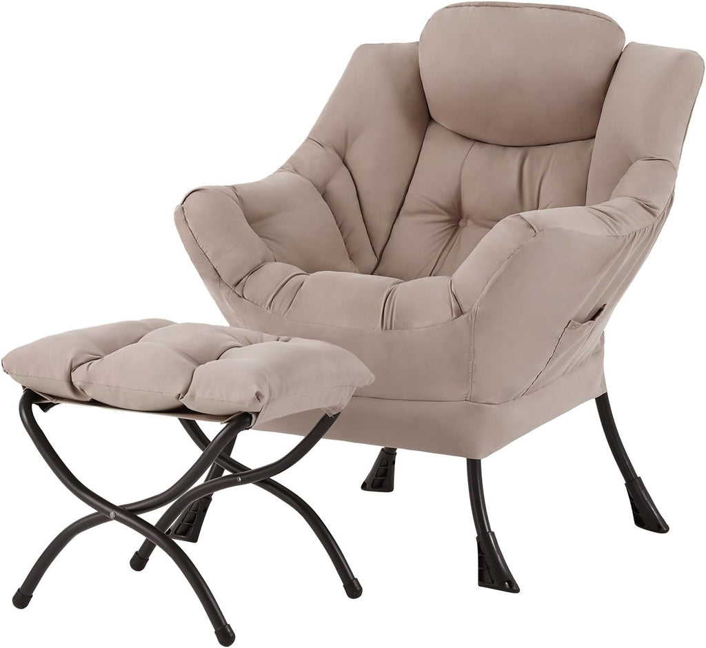 Lazy Chair with Ottoman, Reading Chair with Footrest, Dark Grey