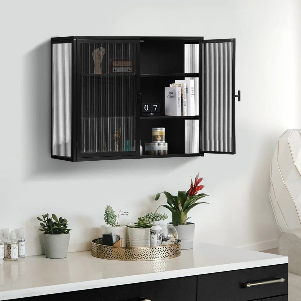 Hassch Wall Mounted Kitchen Pantry Sideboard with 2 Glass Doors, Metal Storage Cabinet Dining Cupboard for Bathroom Kitchen Living Room Dining Room, 27.56"L x 9.06"W x 23.62"H, White