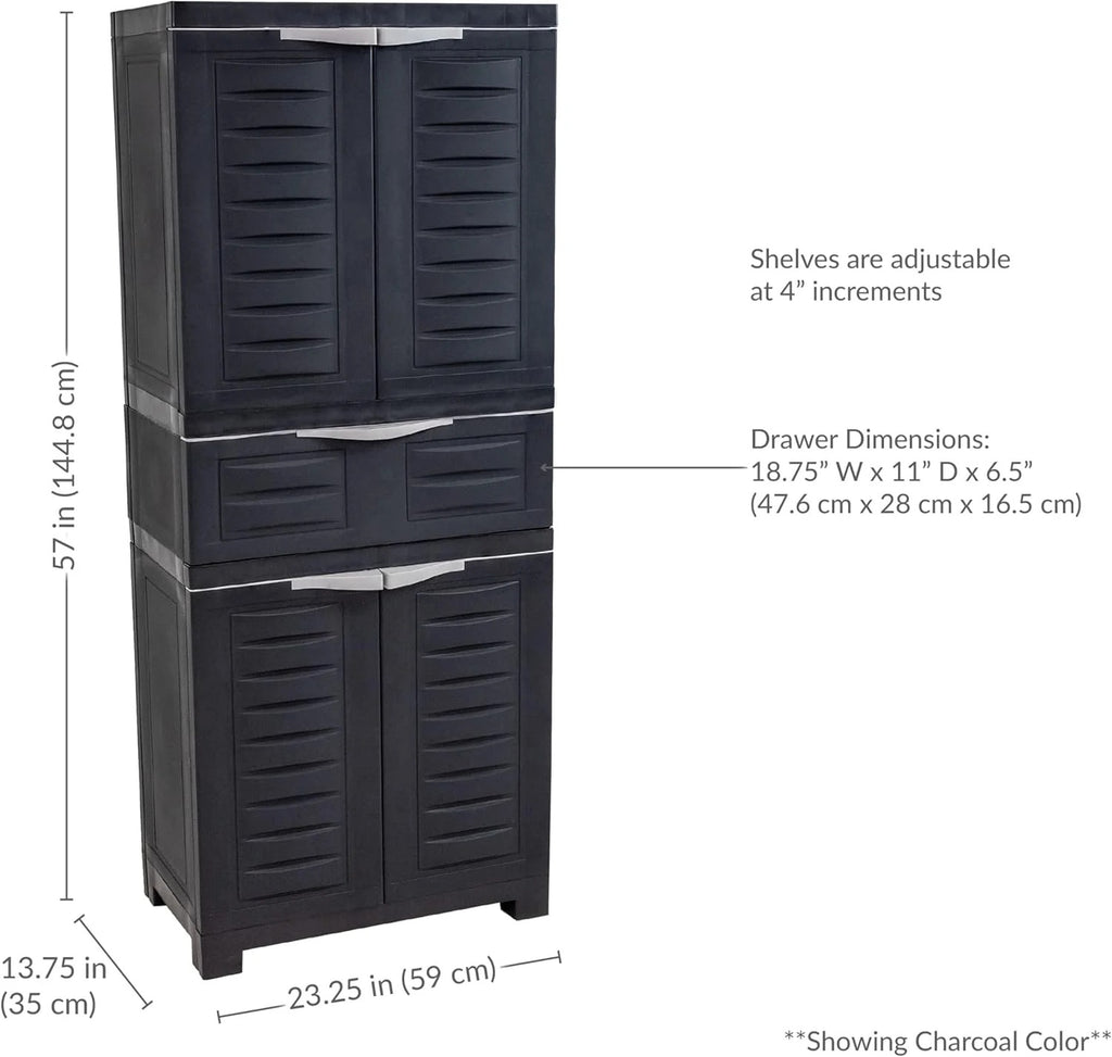 Plastic Garage Storage Cabinet with 2 Adjustable Shelves - 57" H - Garage, Office, Home, Laundry Room - Gray with Charcoal Trim