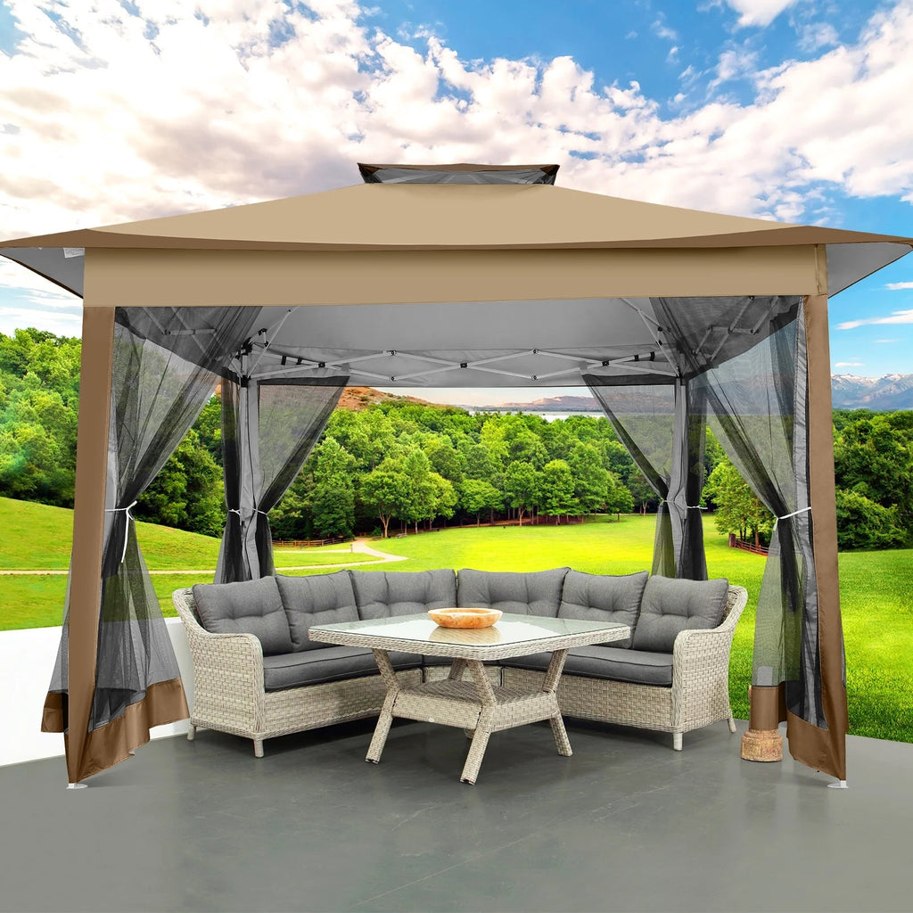 COBIZI 11x11 Pop up Gazebo Outdoor Canopy Gazebo Patio Gazebo with Mosquito Netting Canopy Shelter with 121 Square feet of Shade for Poolside, Garden, Party and Backyard, Khaki