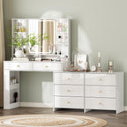 Makeup Vanity Desk with Mirror and Lights, Vanity Desk with 8 Drawers & Storage Shelves, Vanity Table with Power Outlet, 3 Color Modes & Adjustable Brightness Dressing Table, Bedroom, White