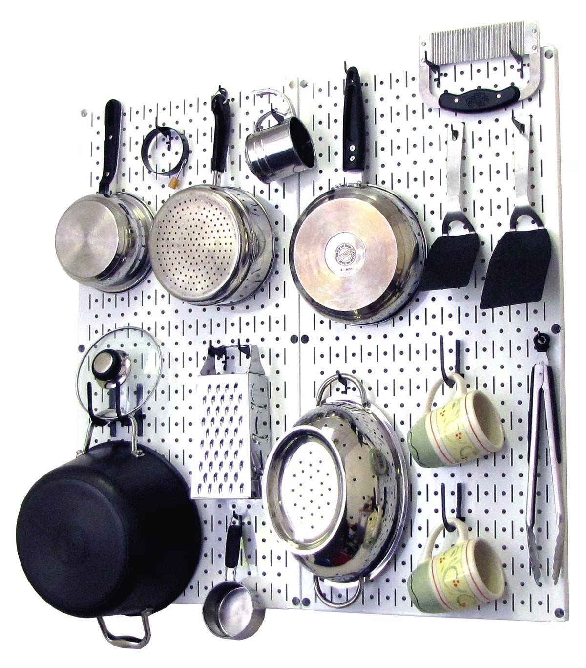 Wall Control Kitchen Pegboard Organizer Pots and Pans Pegboard Pack Storage and Organization Kit with White Pegboard and Black Accessories