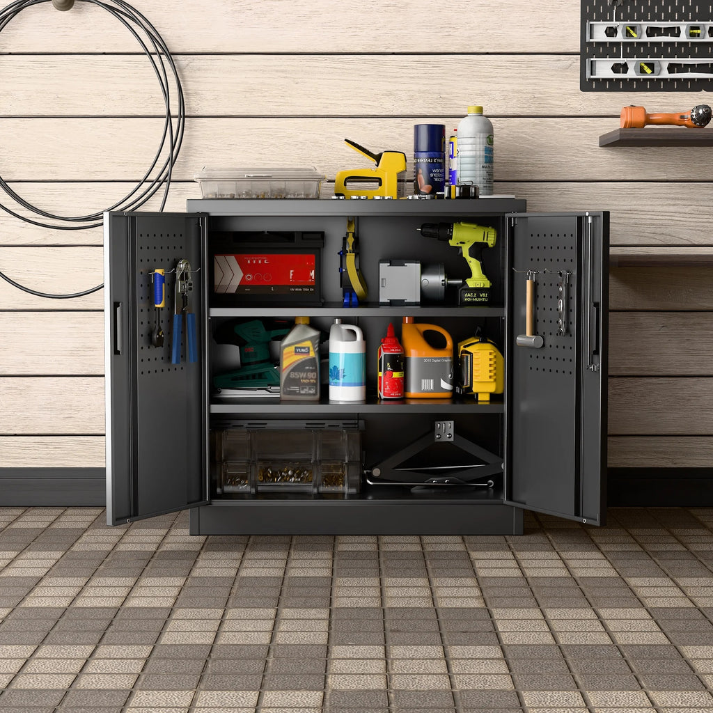 Aobabo Metal Storage Cabinet with Lock & Pegboard,Garage Storage Cabinet with 5 Adjustable Shelves,Tool Storage Cabinets for Home Office Garage,Assembly Required,Black