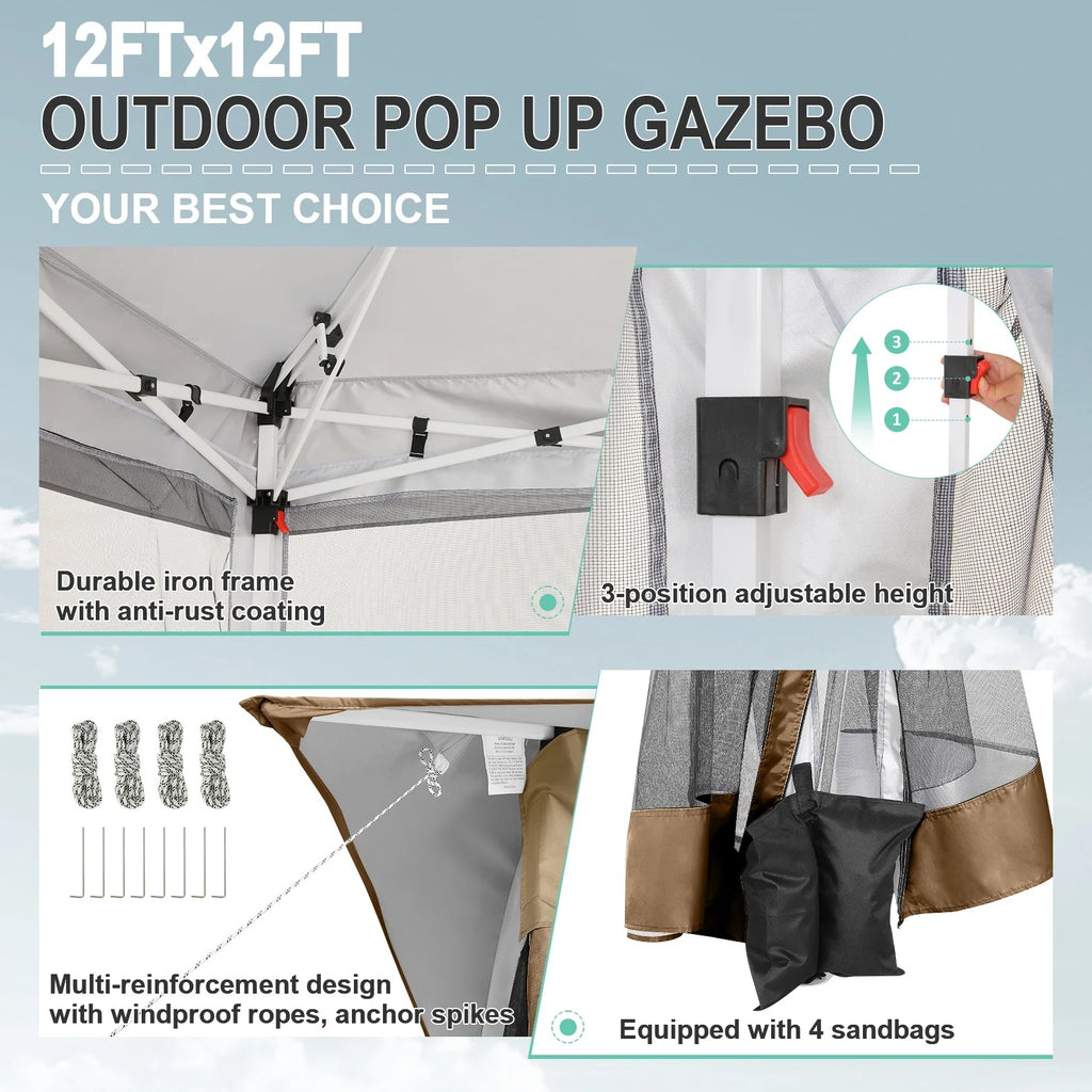 COBIZI 11x11 Pop up Gazebo Outdoor Canopy Gazebo Patio Gazebo with Mosquito Netting Canopy Shelter with 121 Square feet of Shade for Poolside, Garden, Party and Backyard, Khaki