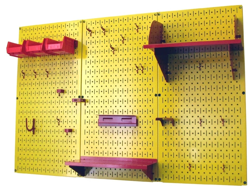 Wall Control 4ft Metal Pegboard Standard Tool Storage Kit - Yellow Toolboard & Red Accessories