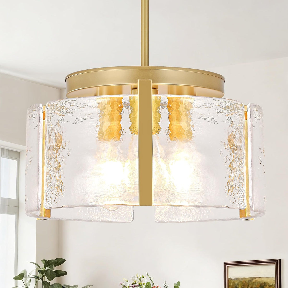 Black 4-Light Glass Chandelier, Adjustable Modern Farmhouse Pendant Light, Drum Hanging Light Fixture for Kitchen Island, Dining Room, Entryway, Bedroom