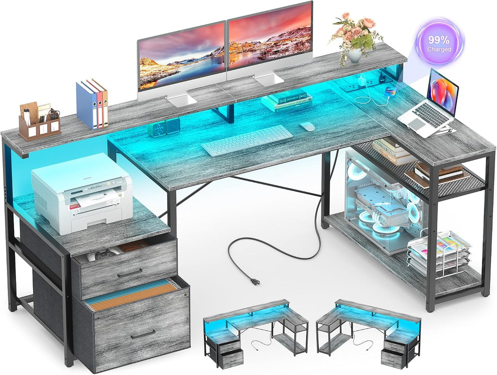 L Shaped Desk with File Drawer, Reversible L Shaped Gaming Desk