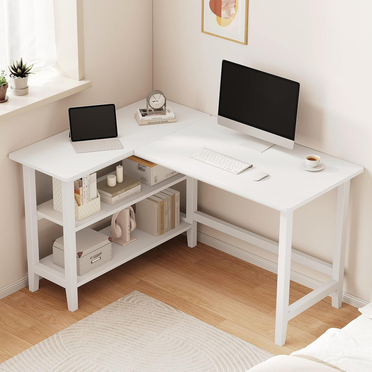 45" Reversible L-Shaped Office Desk with Storage Shelves, White