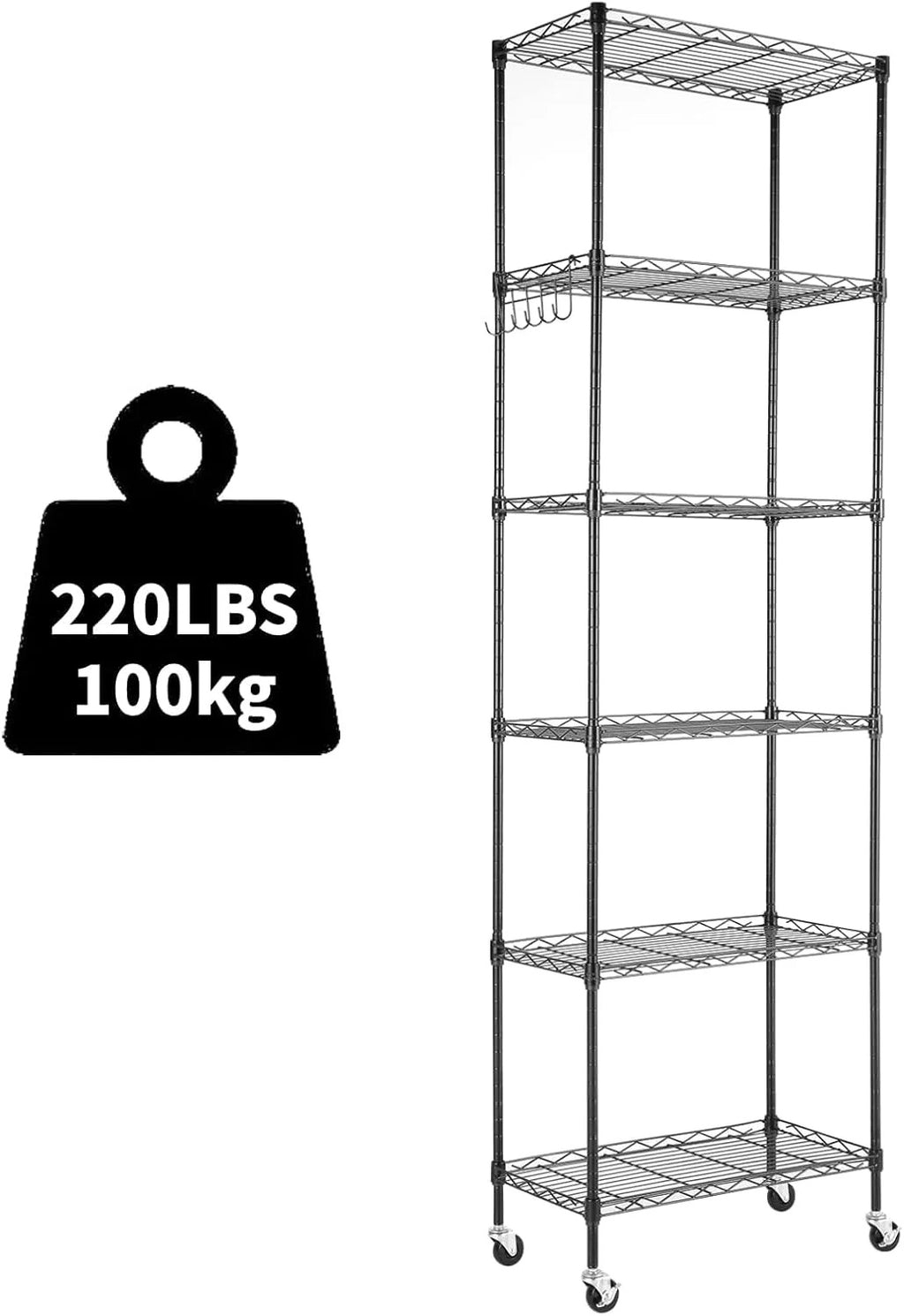 5-Tier Storage Shelf Wire Shelving Unit on Wheels, Adjustable Heavy Duty Metal Shelves with Side Hooks, Steel Rack Organization for Kitchen Garage Basement, Silver