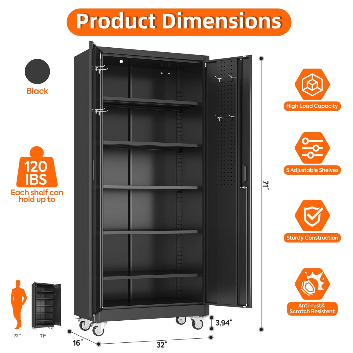 GangMei 71 Inches Tall Metal Garage Storage Cabinets with 5 Adjustable Shelves & Pegboards, Lockable Steel Black Storage Cabinet with Doors for Office, Home, School, Shops, Garage, Assembly required