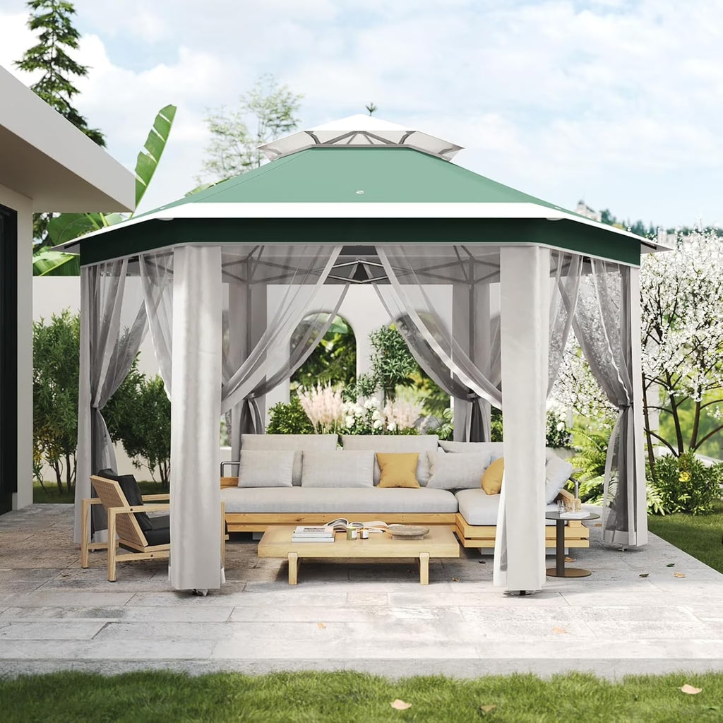 Pop Up Gazebo 13x13ft, Hexagonal Outdoor Canopy Shelter, Instant Patio Gazebo Tent with Mesh Netting and Strong Steel Frame for Patio Backyard Garden Wedding Party