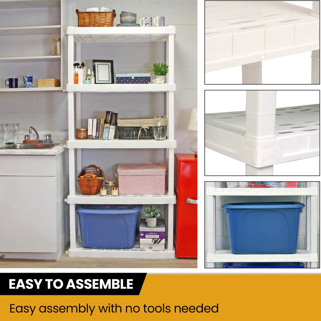 Hyper Tough Plastic Storage Shelves 5-Tier 73.8"H x 36"W x 17.75"D, 2-Pack White, 750 lbs Total Capacity