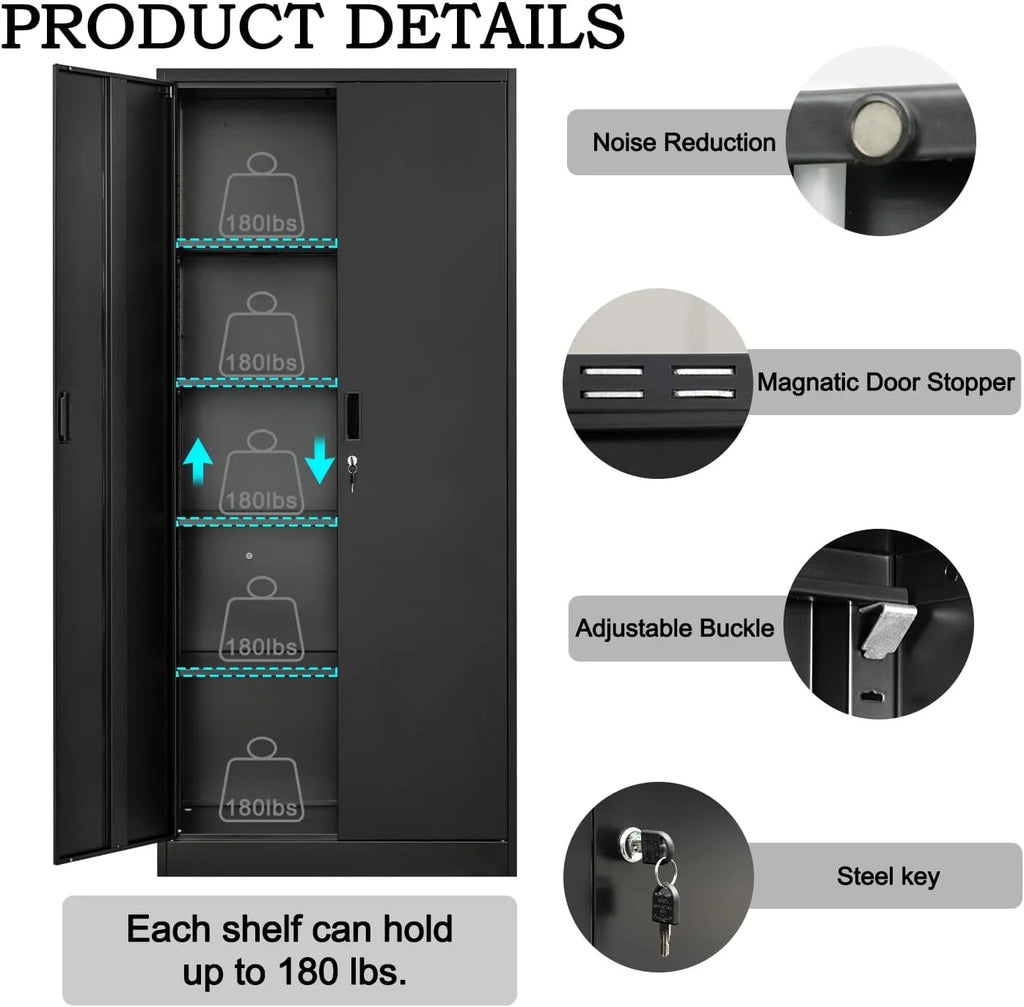 Metal Storage Cabinet, Garage Metal Cabinet with Doors, Adjustable Shelf Height & Steel Lockable Storage Cabinet, Tool Cabinets for Office, Home, Gym, School and Kitchens