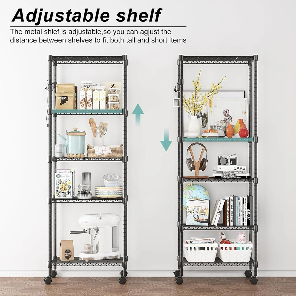 5-Tier Storage Shelf Wire Shelving Unit on Wheels, Adjustable Heavy Duty Metal Shelves with Side Hooks, Steel Rack Organization for Kitchen Garage Basement, Silver