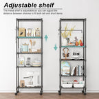 5-Tier Storage Shelf Wire Shelving Unit on Wheels, Adjustable Heavy Duty Metal Shelves with Side Hooks, Steel Rack Organization for Kitchen Garage Basement, Silver