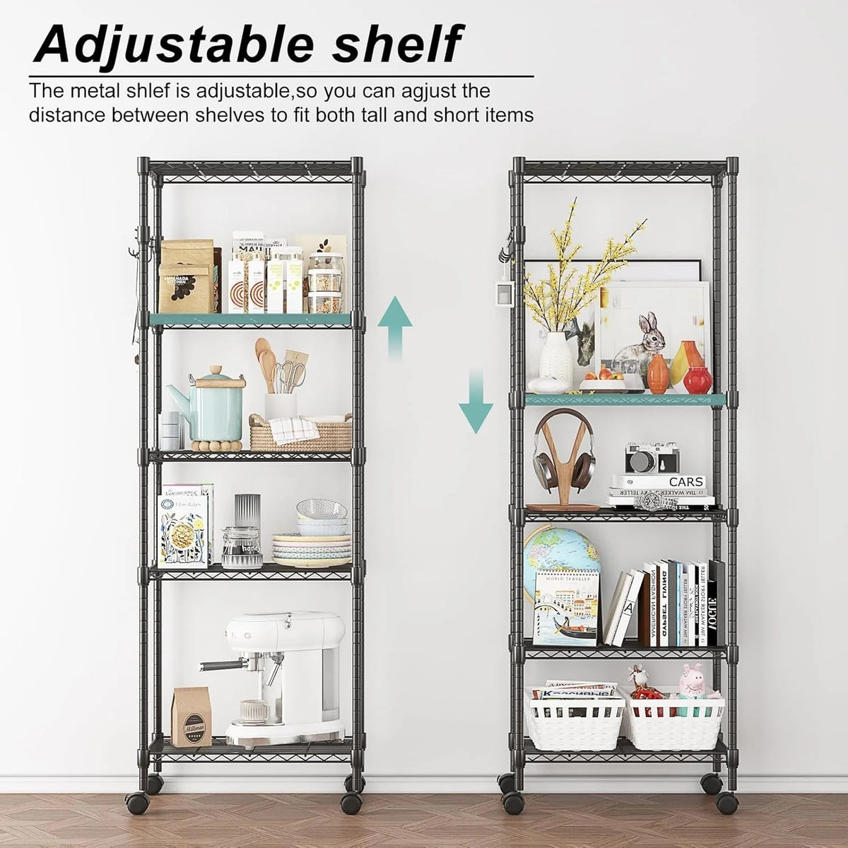5-Tier Storage Shelf Wire Shelving Unit on Wheels, Adjustable Heavy Duty Metal Shelves with Side Hooks, Steel Rack Organization for Kitchen Garage Basement, Silver