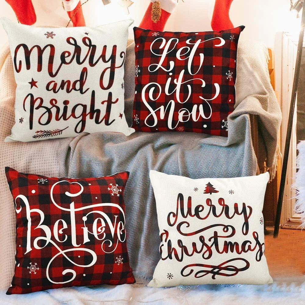 DecorX Christmas Pillow Covers 18x18 Set of 4 Farmhouse Black and Red Buffalo Check Plaid Throw Pillow Covers Outdoor Rustic Linen Pillow Case for Sofa Couch Christmas Decorations