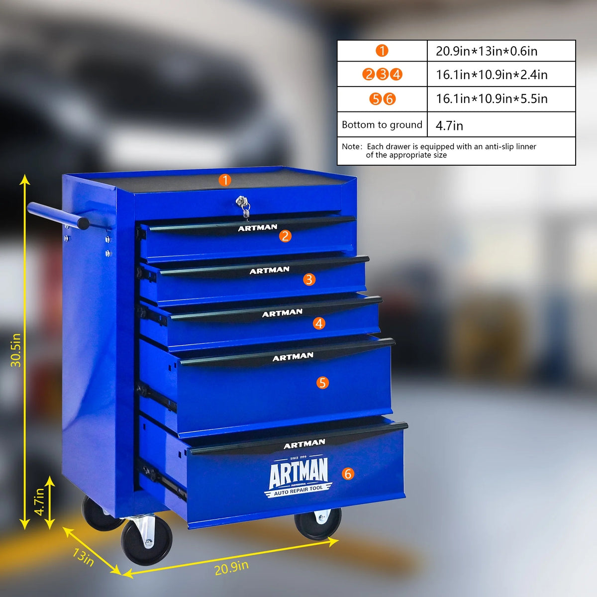 ARTMAN 20" 6-Drawer Tool Chest Cabinet with Ball Bearing Drawer Slides, Steel Tool Storage Box Organizer for Garage Workshop Repair Shop